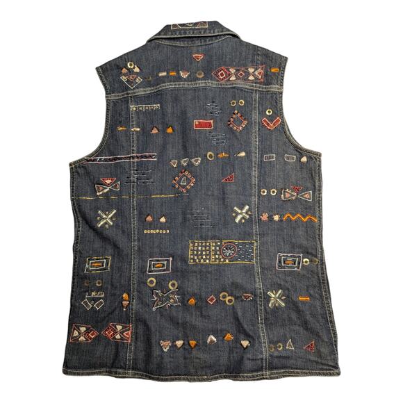 Vtg 1990s Chico's Dark Blue Denim Sleeveless Embroidered Embellished Vest 1  M - Picture 2 of 4